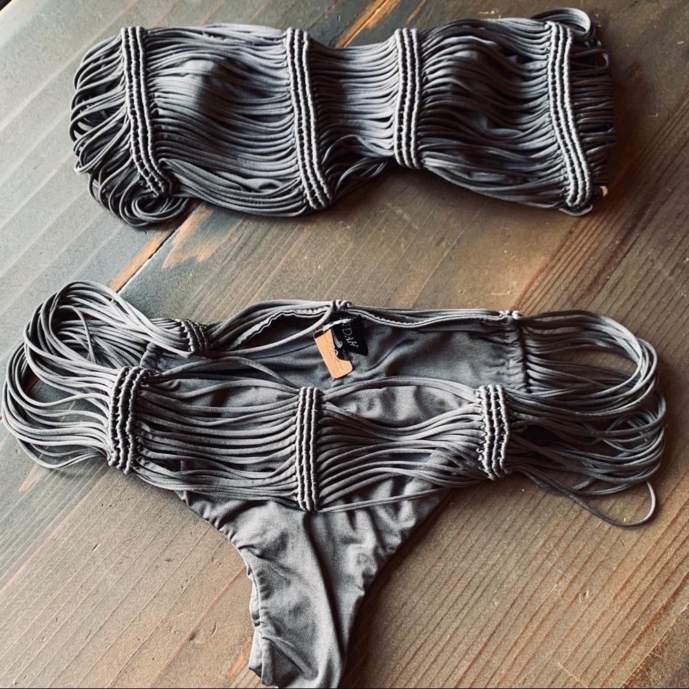 Indah Sian macrame bandeau bikini in slate